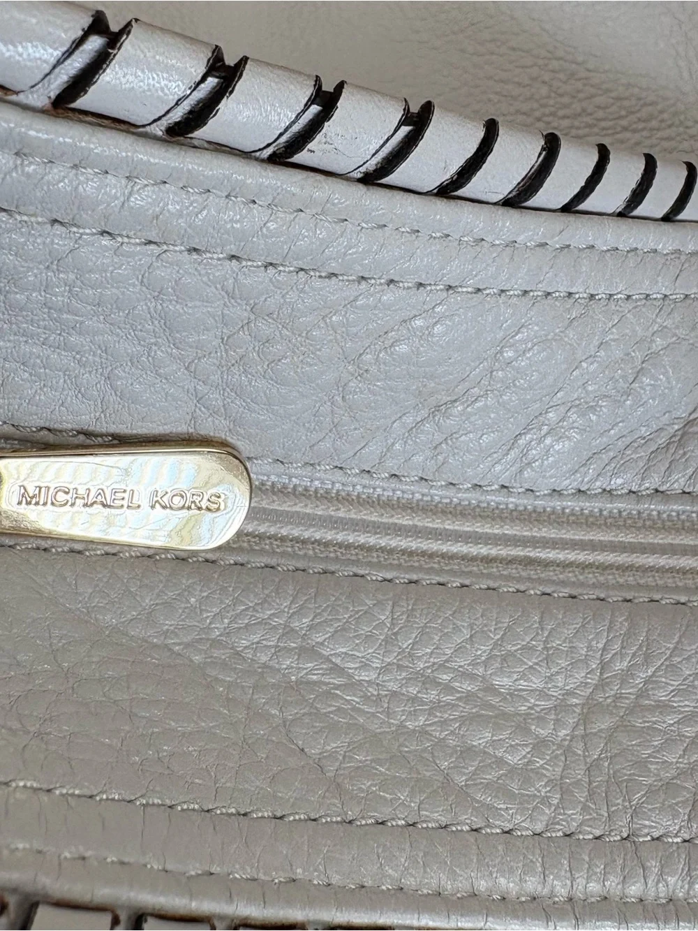 Michael Kors quiet luxury Cream Pebbled Leather Tassel Hobo Bag purse gold trim